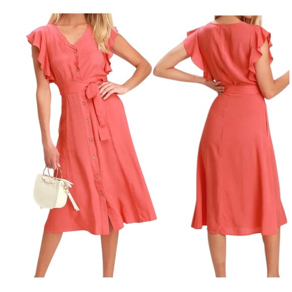 Lulus Capri Coast Coral Button Front Midi A-line‎ Dress - Picture 1 of 9